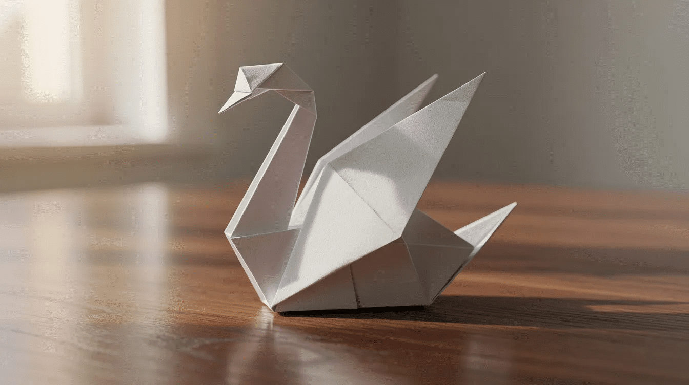 A single white origami swan stands gracefully on a wooden table surface showcasing the delicate folds and artistry typical of traditional origami Its elegant neck and head create a serene focal point embodying the beauty of easy paper origami