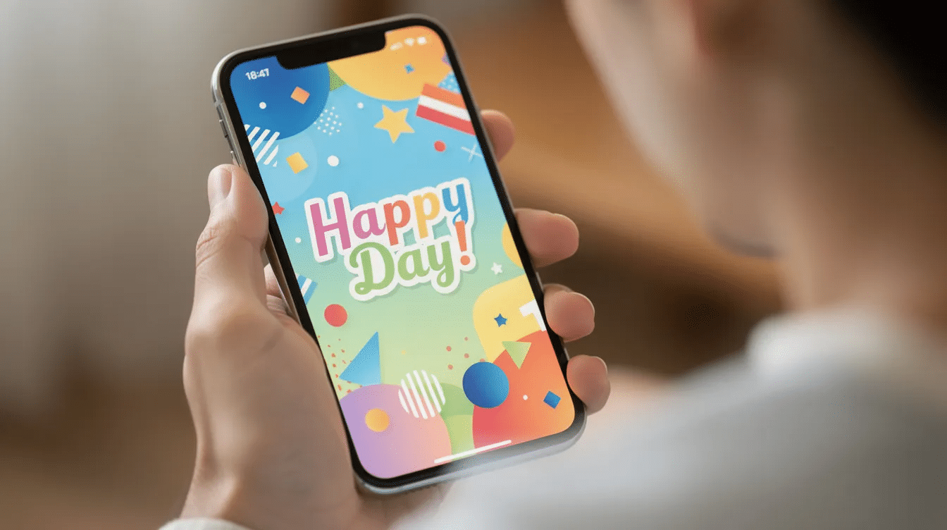 A person is intently looking at a vibrant digital greeting card on their smartphone showcasing colorful designs and heartfelt messages perfect for various occasions This modern stationery allows customers to easily choose and share their love and thoughts with family and friends