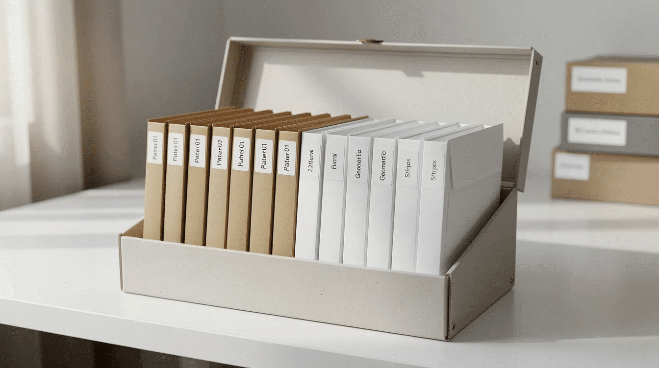 The image features a neatly organized document box filled with labeled envelopes containing various printed patterns for sewing projects Each envelope is clearly marked making it easy to access the instructions and designs needed for future fabric creations