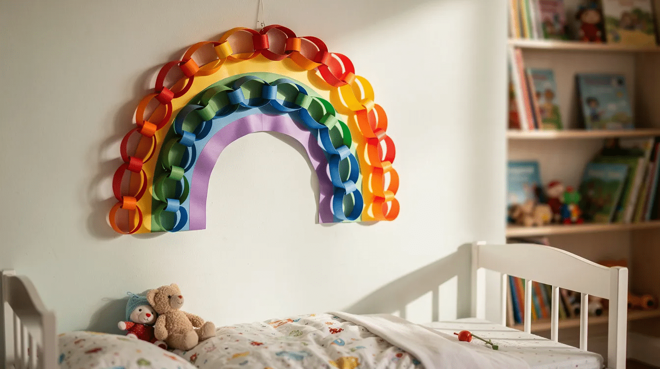 The image features a vibrant paper chain rainbow hanging against a light colored wall in a child's bedroom, showcasing a delightful DIY project that adds a playful touch to the space. This colorful decoration, made from simple supplies like craft paper, is a fun example of easy crafts with paper that kids can enjoy creating.