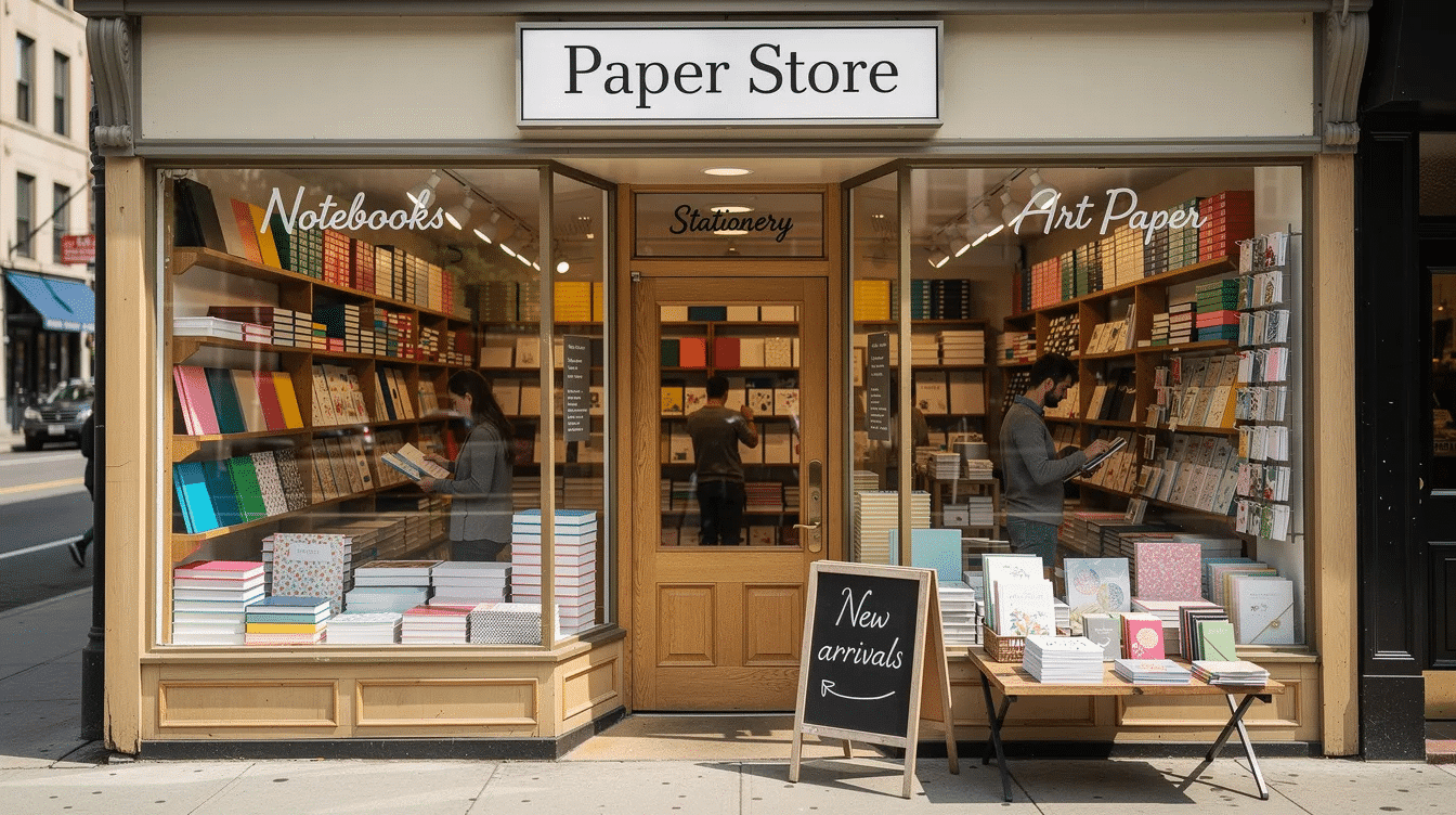 The image showcases a vibrant paper store filled with a diverse collection of stationery items including notebooks accessories and other favorite products inviting visitors to explore and discover their personal favorites Brightly lit and organized the shop creates an inspiring atmosphere for anyone looking to add a touch of creativity to their desk and life