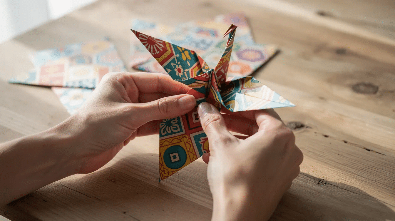 The image shows hands skillfully folding a vibrant origami crane from thin colorful origami paper on a wooden table highlighting the intricate process of creating complex folds and sharp creases The smooth surface of the paper allows for precise manipulation showcasing the art of origami