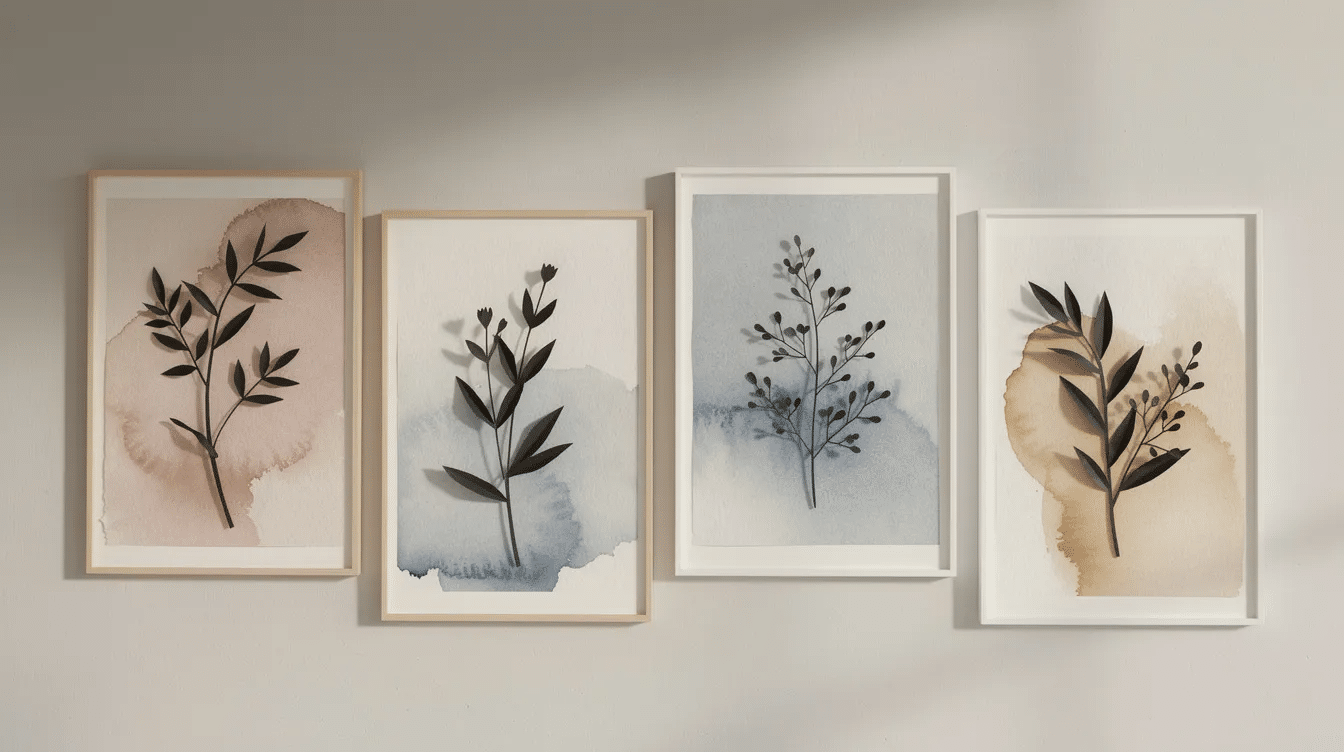 The image features elegant black paper silhouettes of various plants beautifully mounted on watercolor backgrounds and displayed in simple frames showcasing a creative paper craft project that adds a decorative touch to any wall This DIY idea is perfect for those looking to explore easy crafts with paper and enhance their space with unique decorations