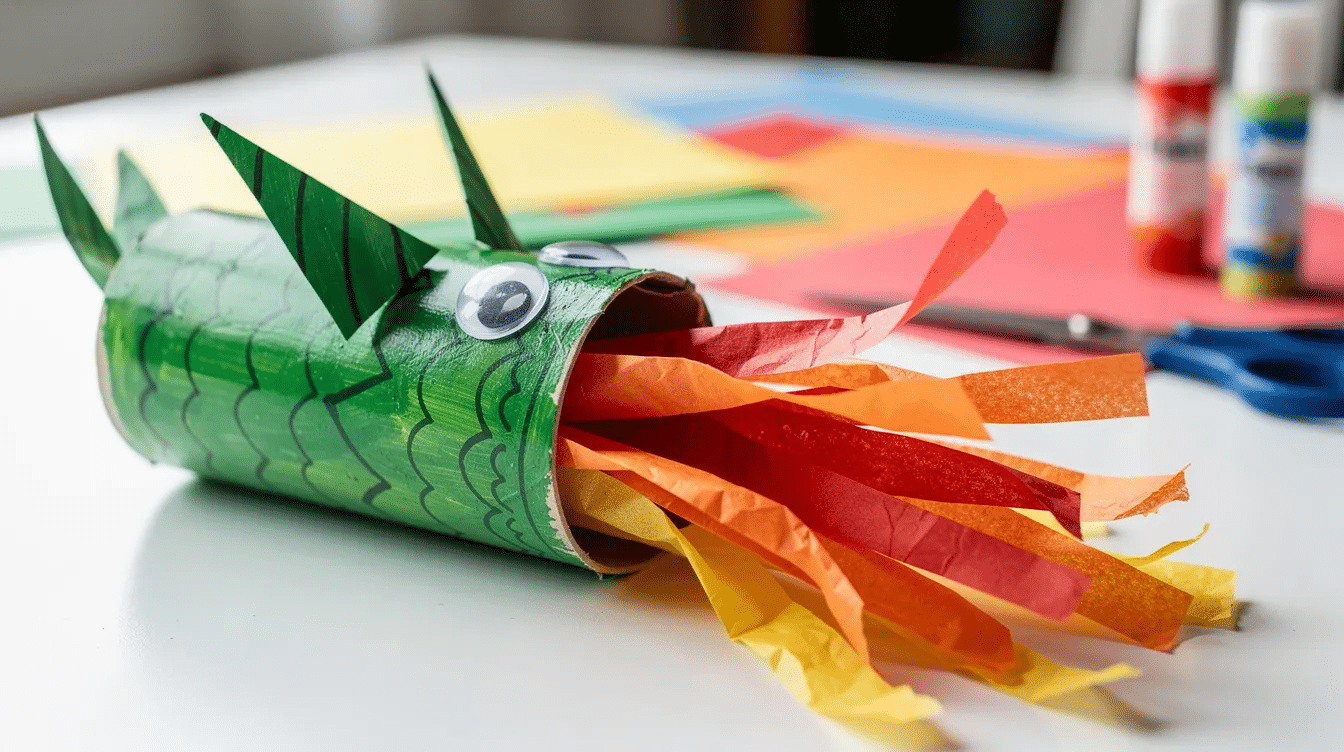 E7851932 19c9 4387 a8f0 e18826648339 The image features a colorful origami dragon craft made from a toilet paper roll with vibrant tissue paper flames extending from one end creating a playful and imaginative design This creative project showcases the art of folding paper and is perfect for kids interested in crafts and easy origami