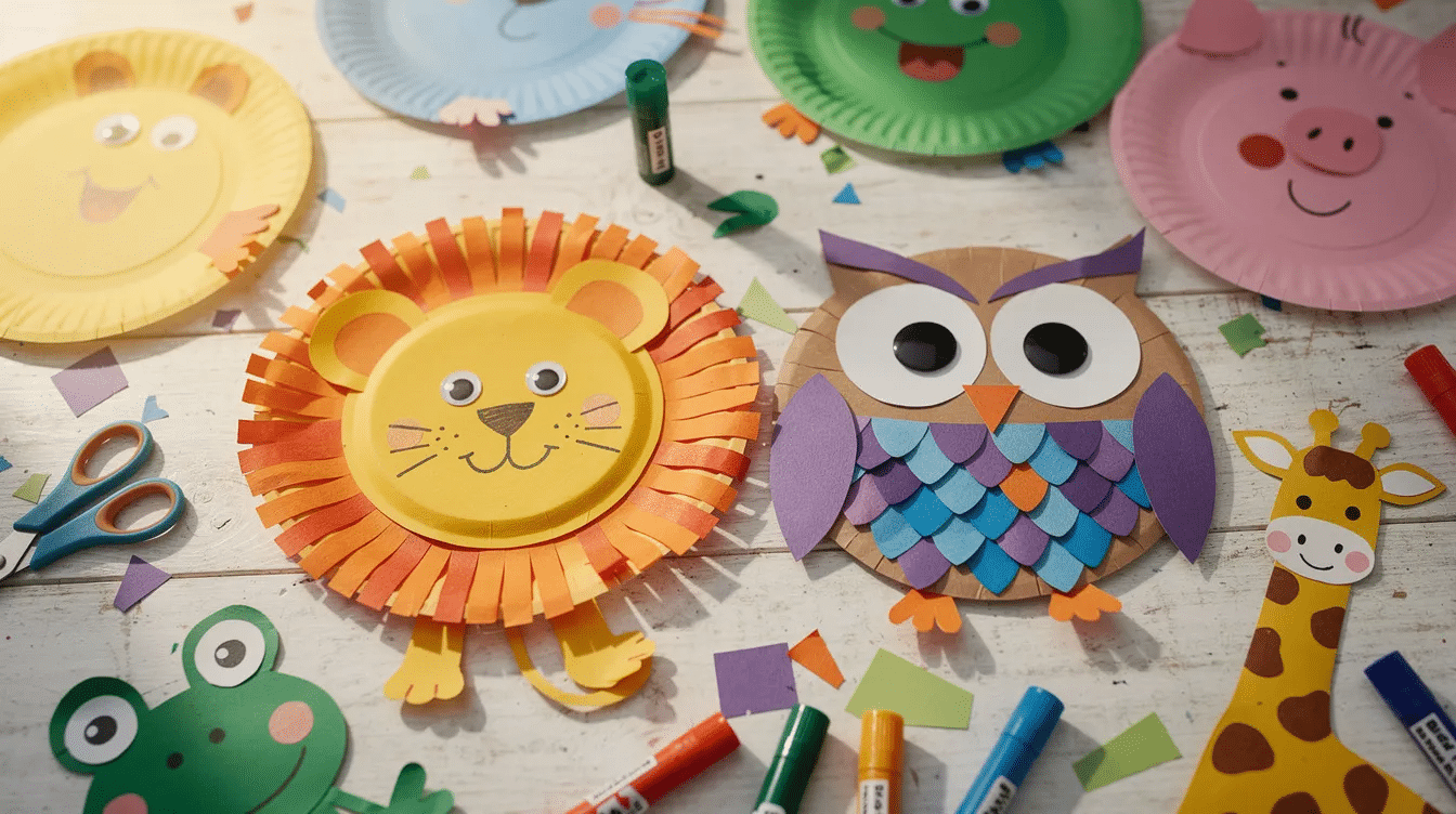 The image features a vibrant collection of colorful paper plate animals including a cheerful lion and a wise owl displayed on a craft table surrounded by various craft supplies This scene showcases fun paper crafts that are perfect for kids and encourages creativity through easy DIY projects