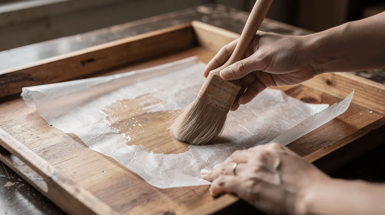 A pair of hands gently smooths rice paper onto a wooden tray surface using a soft brush showcasing the art of decoupage The scene highlights the careful application of printed seasonal motifs perfect for crafting beautiful decorative pieces