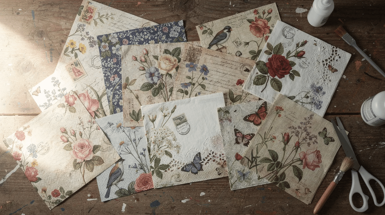 A vibrant collection of floral and vintage decoupage napkins is beautifully arranged on a wooden craft table showcasing exceptional quality and a variety of colors perfect for your next project in home decor This assortment invites creativity for decorating surfaces with unique decoupage designs