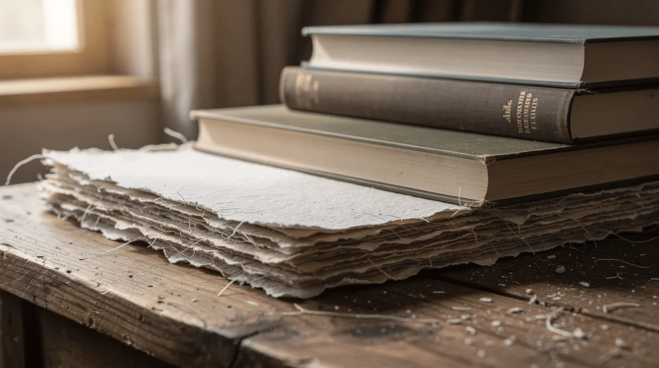 A stack of handmade paper sheets is drying under heavy books on a wooden table showcasing the drying process of recycled paper The wet sheets are pressed flat absorbing excess water to create new paper from recycled materials