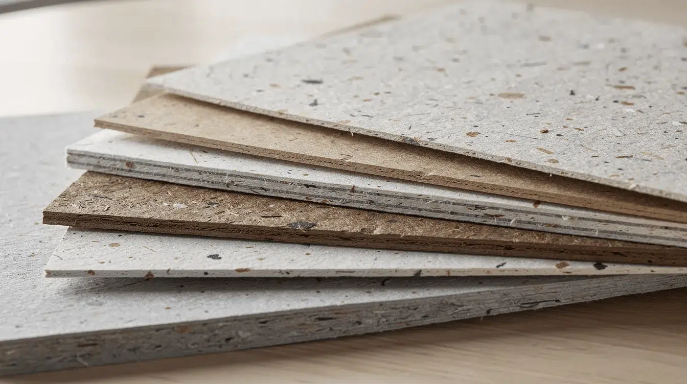 A collection of stacked eco friendly paper samples showcases their unique recycled textures illuminated by natural light This display highlights the brand's commitment to sustainable stationery, inviting customers to explore their favorite items for a personal touch in their creative projects.