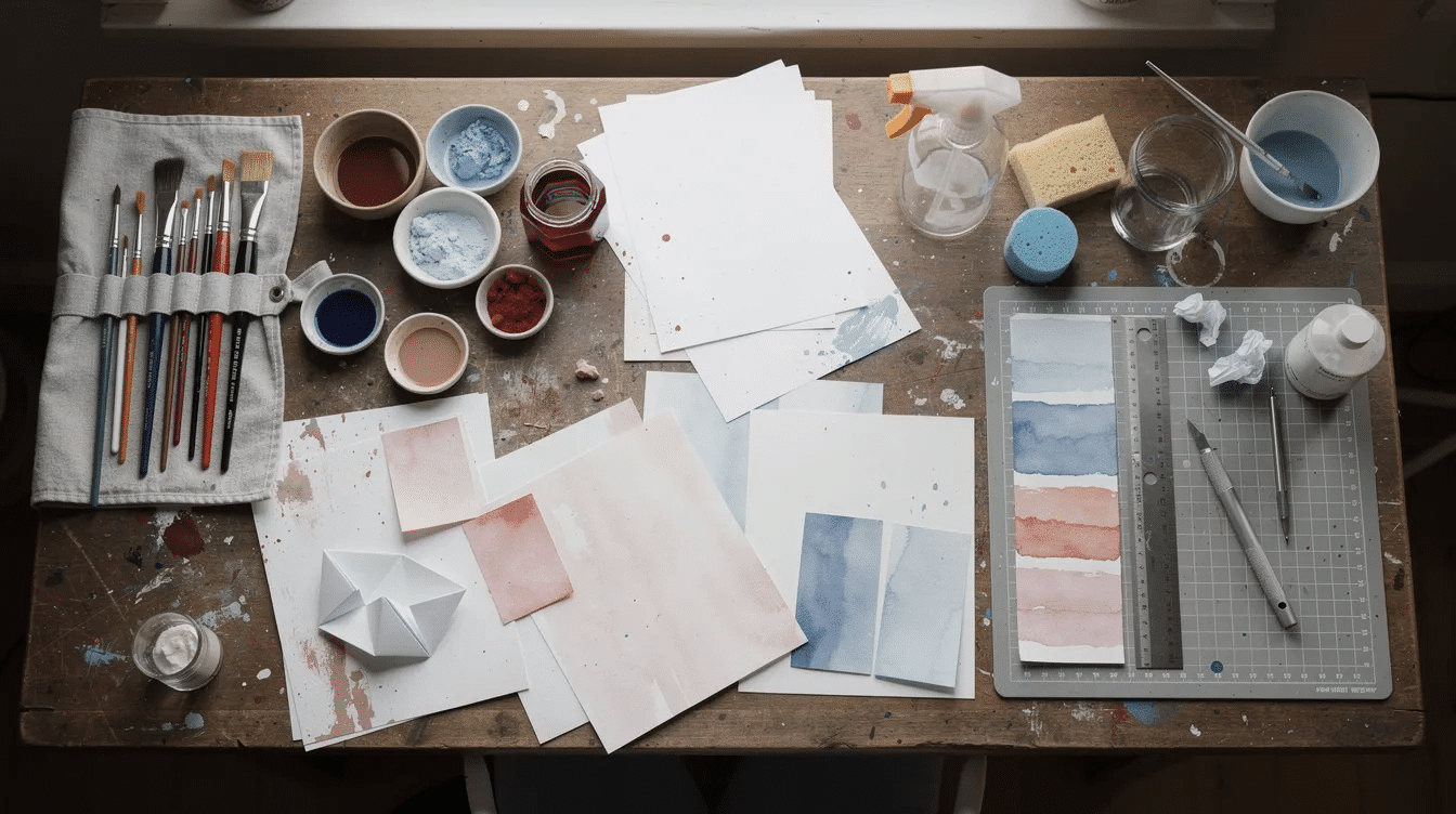 The image depicts an artist's workspace filled with various types of paper, including traditional origami paper and printer paper, alongside brushes and preparation materials for origami paper treatment. The area is organized with sheets of thin, lightweight paper ready for creating complex origami models, showcasing a blend of art and craft.