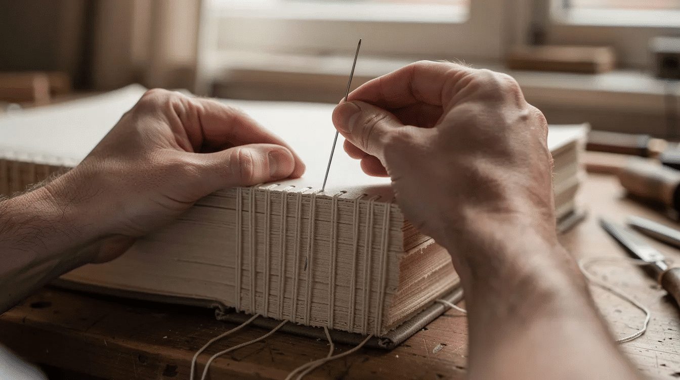 The image shows hands carefully stitching through paper signatures with a needle and thread a technique often used in junk journaling to bind together various pages and vintage ephemera This creative process highlights the art of making junk journals and showcases the use of simple journal supplies for crafting unique projects