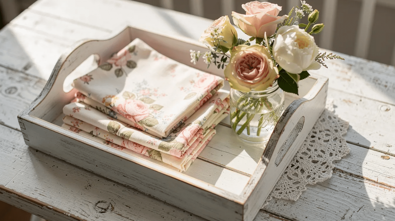 Fc2adf83 d25a 44cb 861a 594a39cf04e7 A shabby chic wooden tray is adorned with vintage floral napkins and fresh flowers showcasing a delightful arrangement that highlights creativity and charm The decorative elements evoke a sense of nostalgia making it a perfect piece for a cozy home setting