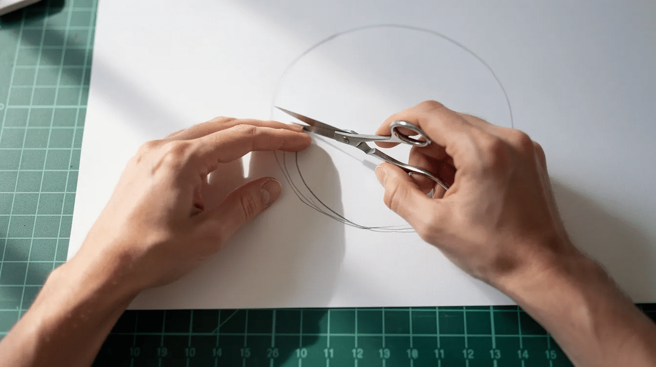 Fe53ad47 a09a 4827 90a8 24f8ae0bca04 A person is using small scissors to carefully cut along a traced circle on a sheet of white paper that is placed on a cutting mat creating a perfect circle The technique involves applying pressure to the scissors as they follow the line to ensure a clean cut without tearing the paper
