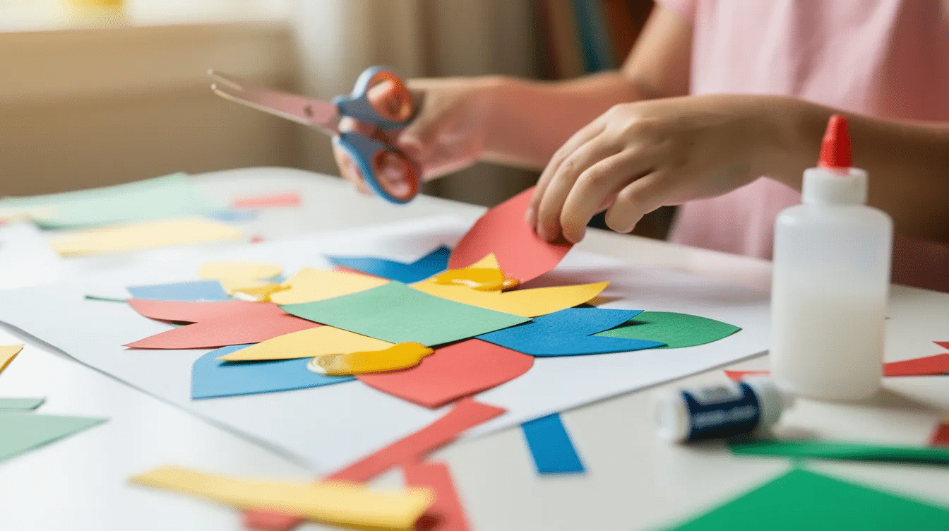 A child's hands are engaged in a colorful paper craft project, using scissors and glue to create vibrant shapes and fine details. Surrounding them are various art supplies, highlighting their creativity and joy in the crafting process.