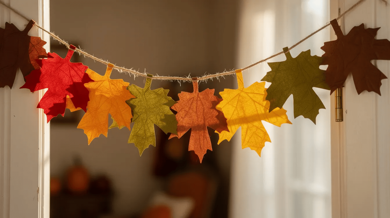 The image depicts a vibrant garland made of colorful paper autumn leaves strung across a doorway showcasing a delightful DIY project that adds a festive touch to any space This simple paper craft is perfect for decorating and can be created using basic materials like cardstock and glue making it an enjoyable activity for kids and families alike