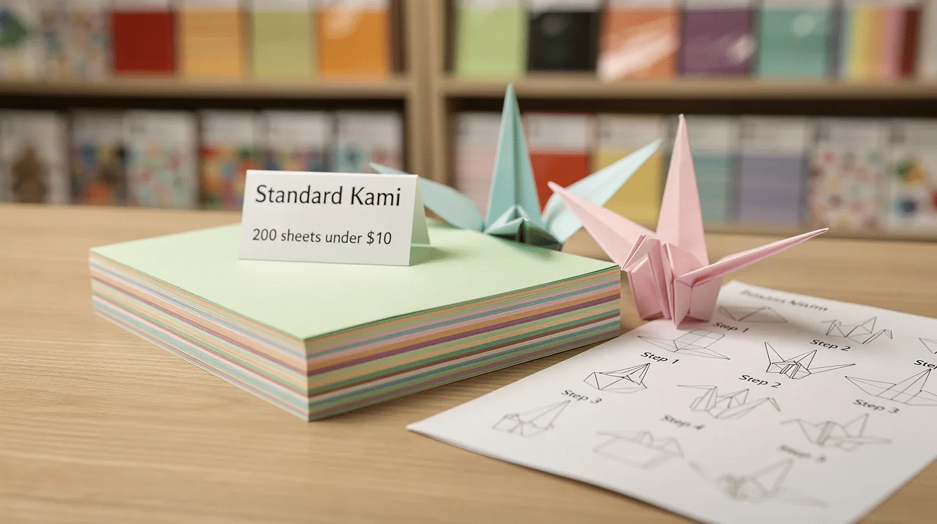 05eb4ad6 7371 4578 88b7 cb41a6512ff7 The image features a stack of Standard Kami origami paper showcasing its smooth finish and vibrant colors ideal for beginners learning origami through tutorials and diagrams These folding sheets commonly found in craft stores are perfect for creating various origami models such as flowers and cranes