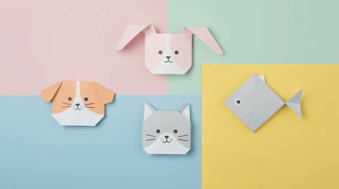 A vibrant collection of simple origami animal faces including a dog cat rabbit and fish is beautifully arranged against a colorful background showcasing easy origami ideas perfect for beginners Each paper folding model is crafted with simple folds making them fun and accessible for kids and origami enthusiasts alike