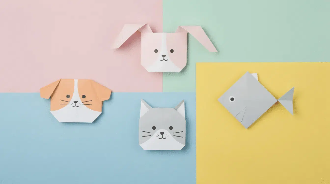 084daae0 7781 4a22 a3ae 214b6c368c00 A vibrant collection of simple origami animal faces including a dog cat rabbit and fish is beautifully arranged against a colorful background showcasing easy origami ideas perfect for beginners Each paper folding model is crafted with simple folds making them fun and accessible for kids and origami enthusiasts alike