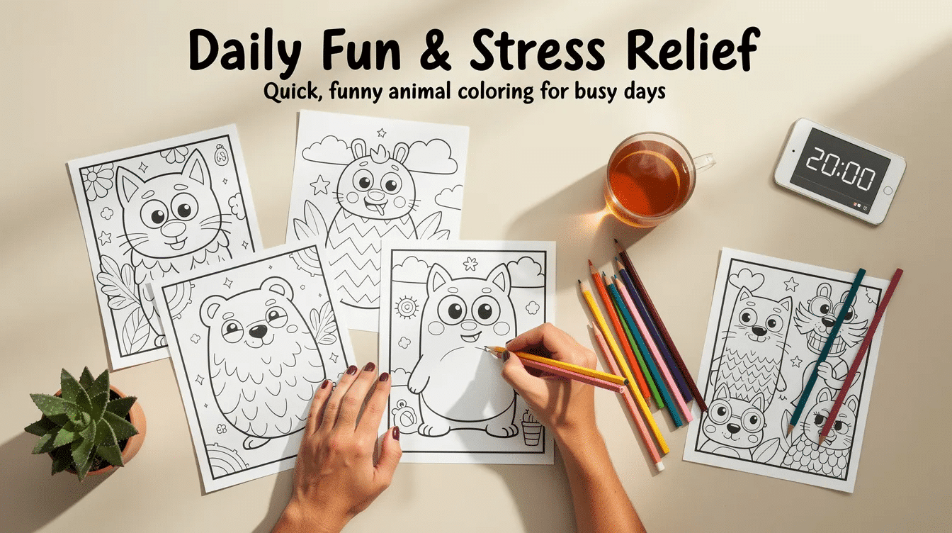 This image features a collection of simple and funny animal designs that make up a delightful coloring page perfect for stress relief The humorous characters and easy to color outlines invite both adults and kids to enjoy a quick and relaxing coloring break promoting creativity and laughter