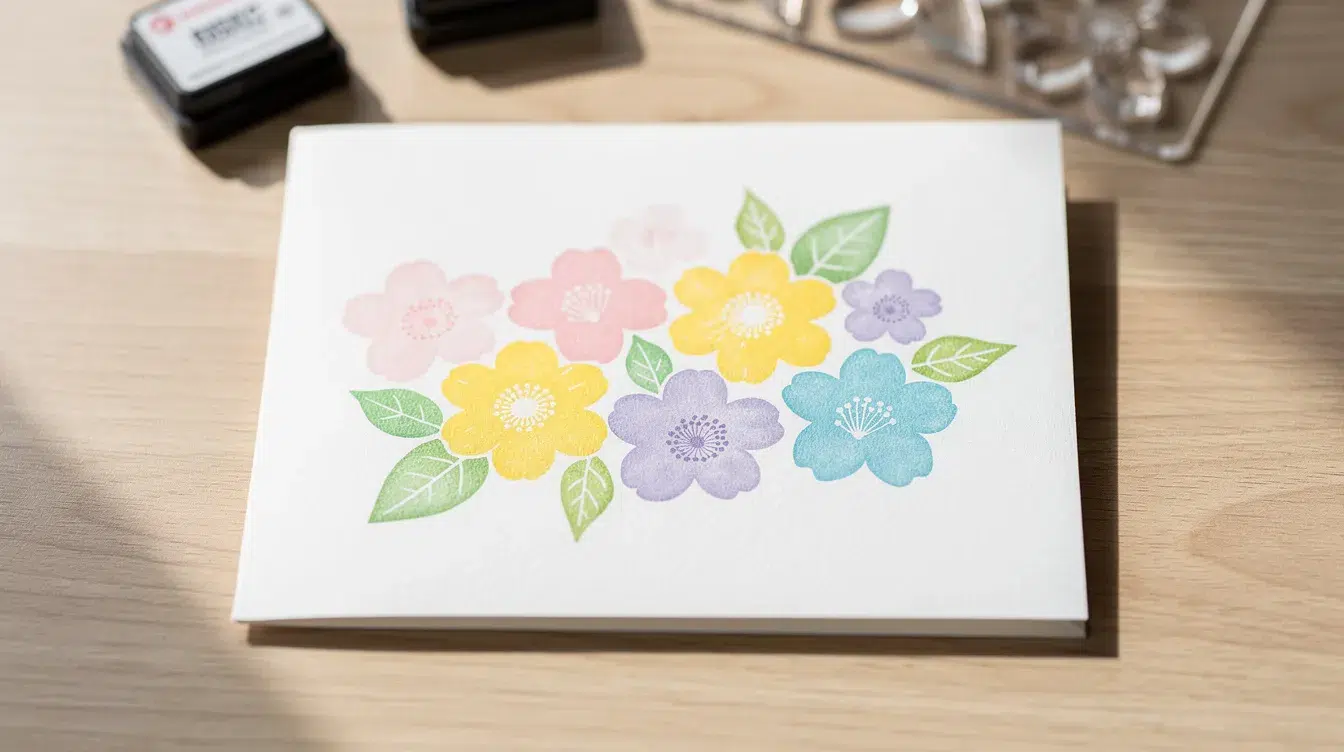 0e46b9d3 9e1a 4daf b4e4 d63f65e7a0d7 The image depicts a completed handmade greeting card featuring beautifully colored stamped flowers created using photopolymer and rubber stamps on basic white cardstock The card design showcases vibrant colors and intricate patterns making it a perfect example of card making for beginners using ink pads and acrylic blocks