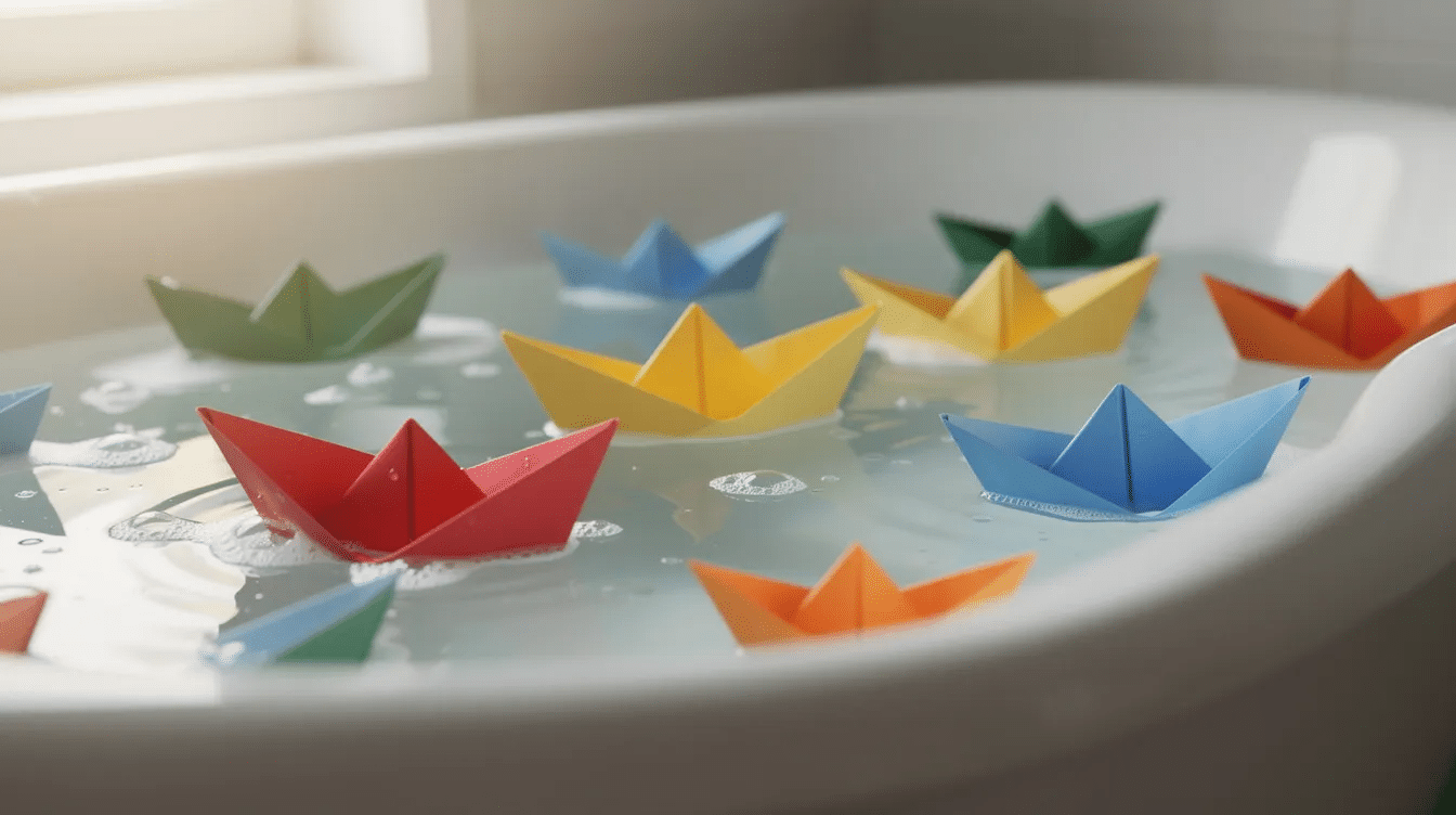 A collection of colorful paper boats crafted through simple origami techniques gently float on the calm water of a bathtub creating a playful and serene scene The vibrant hues of the boats add a cheerful touch to the relaxing atmosphere