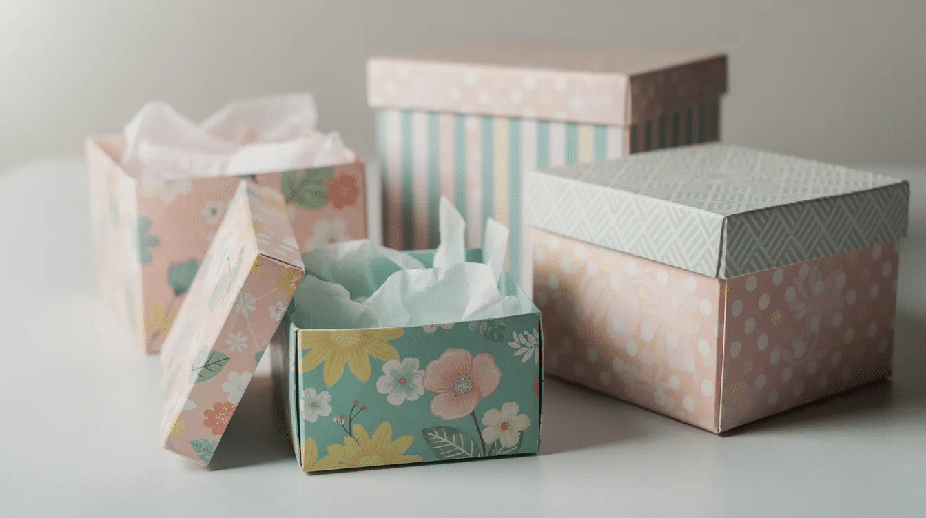 A collection of several decorated paper boxes in various colors and patterns is arranged together on a surface showcasing different designs and sizes These finished boxes resembling classic origami boxes are perfect for holding small gifts and add a fun creative touch to any space