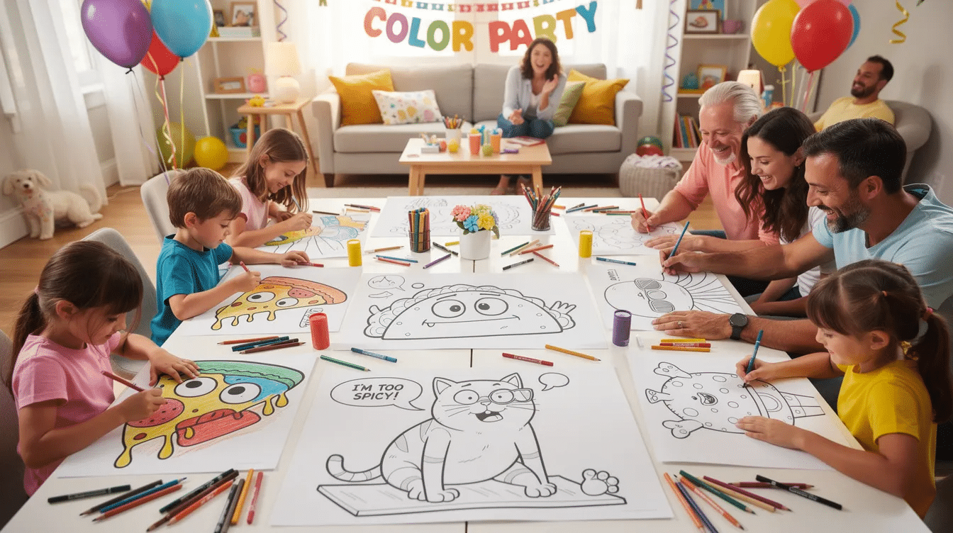 The image features a vibrant coloring page filled with hilarious food characters and silly monsters perfect for group activities at parties or playdates Children and adults alike are enjoying a creative session adding their own colorful touches to a taco humorously complaining about being too spicy while nearby a yoga practicing cat awaits its funny rendition creating laughter and connections among participants