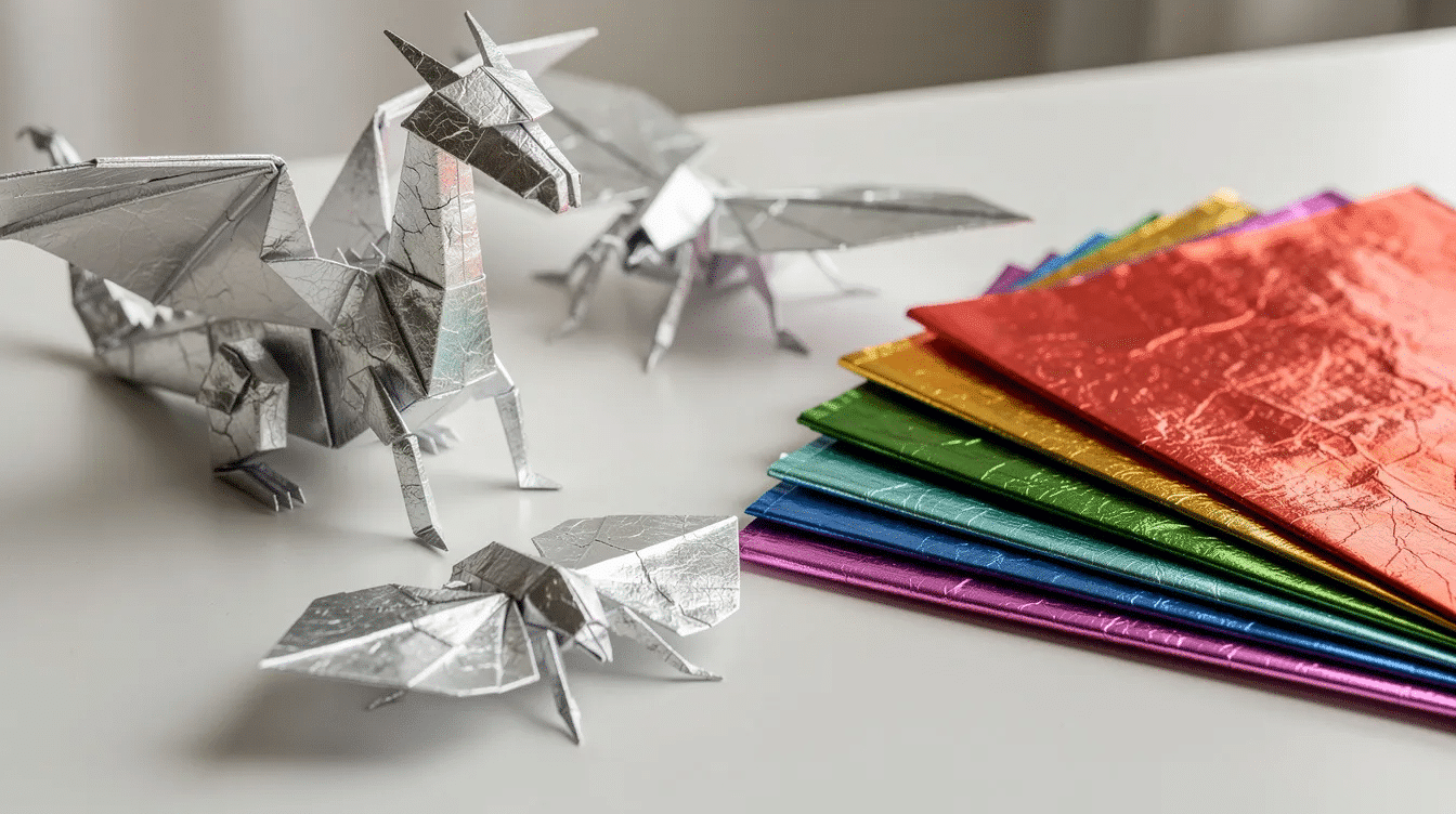 1f5d0245 7764 486b 8ca9 2a18b0f4955b The image showcases a variety of poseable origami models made from Tissue Foil featuring intricate designs like insects and dragons The shiny metallic surface of the origami paper highlights the unique creases and folds making it perfect for creative projects and inspiring origami enthusiasts of all ages