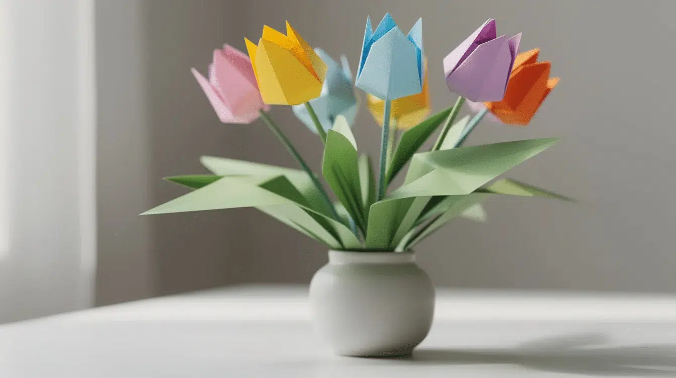 310e8076 165d 47a1 aaa3 919e04d7ea34 A small vase holds a vibrant arrangement of colorful paper tulips and green leaves showcasing the art of paper folding This delightful display represents easy origami flowers perfect for adding a touch of creativity to any space