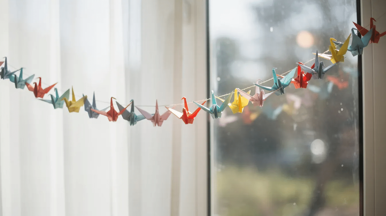 32f5e0fd babe 4ccd aef7 ab4614996e80 A garland of colorful origami paper cranes hangs gracefully against a window illuminated by natural light creating a charming display that adds a touch of artistic inspiration to the space The vibrant colors of the folded paper reflect the beauty of seasonal origami projects