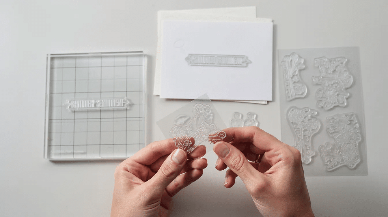 34ca2631 64d6 4ea1 8522 d914ca44886d The image depicts a beginner stamper working with photopolymer stamps on a flat surface using a clear acrylic block to mount a stamp The scene showcases the process of aligning sentiment stamps using grid lines for perfect card design emphasizing the intuitive nature of stamping for creating beautiful cards