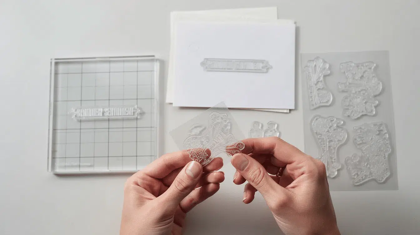 34ca2631 64d6 4ea1 8522 d914ca44886d The image depicts a beginner stamper working with photopolymer stamps on a flat surface using a clear acrylic block to mount a stamp The scene showcases the process of aligning sentiment stamps using grid lines for perfect card design emphasizing the intuitive nature of stamping for creating beautiful cards