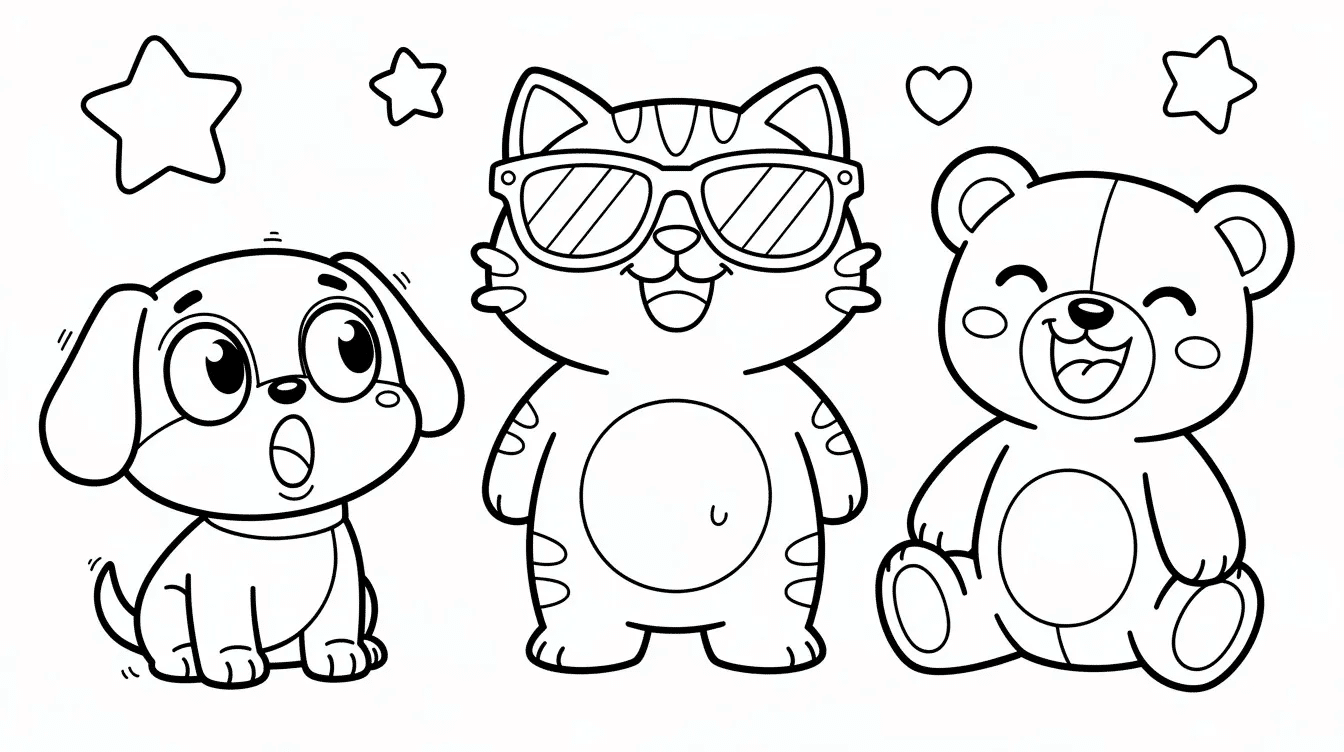 This coloring page features a collection of simple funny faces including a surprised dog a cool cat in sunglasses and a laughing teddy bear all designed with bold outlines and large areas for coloring Perfect for children ages   these hilarious animal shapes encourage creativity and laughter while being easy to color with chunky crayons