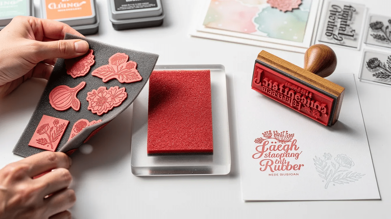 440a4c18 e55f 4451 9acc b0ba9d0bb449 The image shows a set of red rubber stamps mounted on foam sheets ready for use in card making The stamps are arranged with clear acrylic blocks nearby demonstrating the basics of stamping for beginners including tips for achieving crisp details and proper mounting techniques