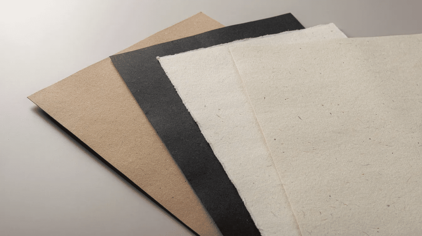 A stack of kraft paper samples showcases a variety of colors including rich brown deep black and soft cream highlighting the natural fibers and textures of the kraft material This collection represents the versatility of kraft paper for custom printing projects making it an eco friendly choice for packaging and design elements