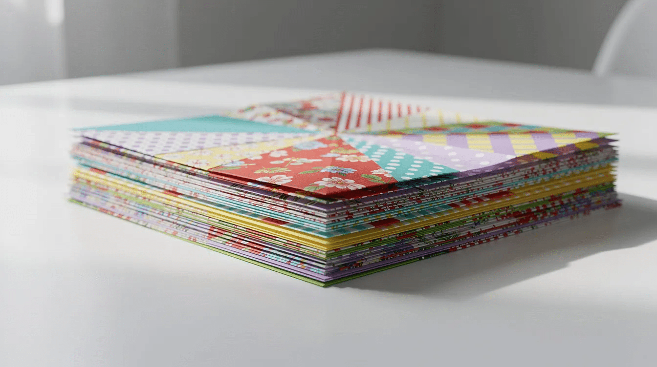 73c1ed80 3aab 432b 98f5 551ccea9db41 A vibrant stack of origami paper squares is displayed showcasing a variety of patterns and colors perfect for folding paper projects like flowers and boxes This collection inspires creativity and is ideal for anyone looking to learn origami or explore new models