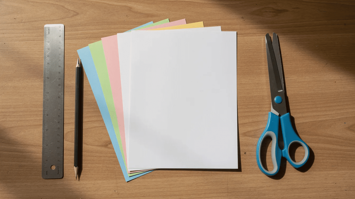 The image shows a neatly arranged set of materials for creating a paper box craft including scissors a ruler a pencil and various sheets of square paper on a wooden table This setup is perfect for beginners looking to follow a tutorial on how to make a classic origami box or masu box for small gifts