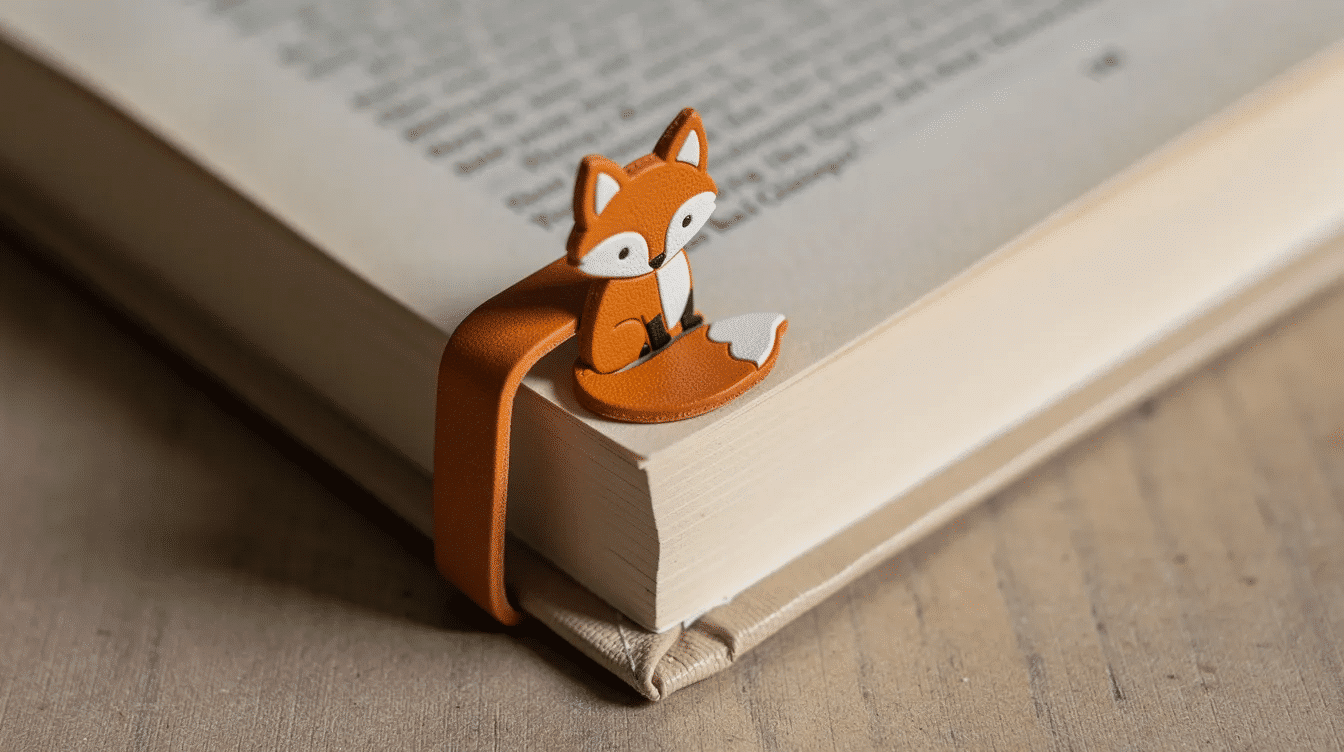 A corner bookmark shaped like a cute fox is perched on an open book page showcasing the art of paper folding This playful origami model is perfect for beginners and adds a charming touch to any reading experience