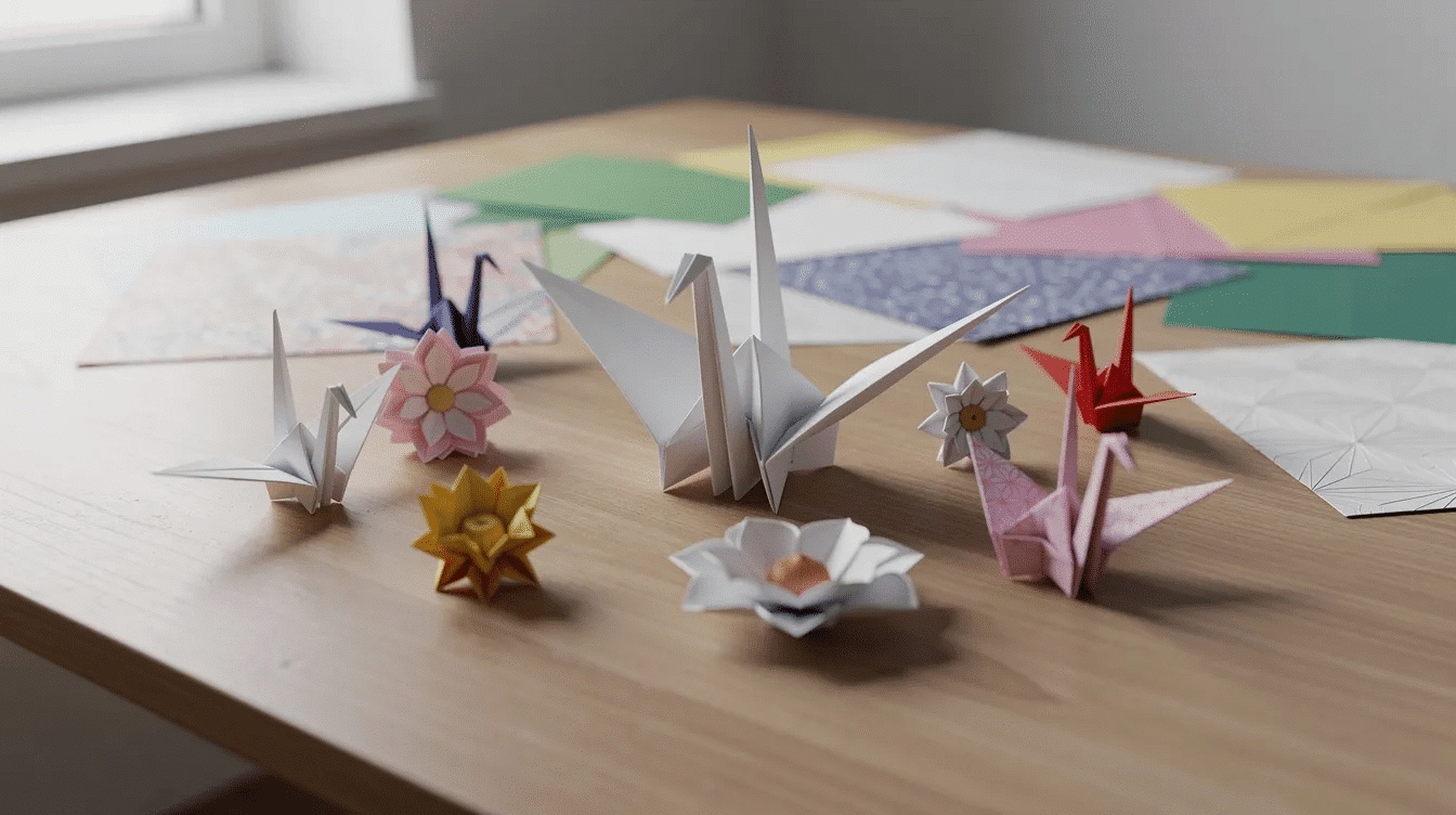 9628be2c 8ec2 48b1 b504 4cff47a2c725 The image showcases a vibrant collection of origami models crafted from colorful origami paper including intricate flowers and traditional cranes all neatly displayed on a flat surface This visual representation serves as inspiration for both beginners and experienced folders to explore various origami projects and tutorials