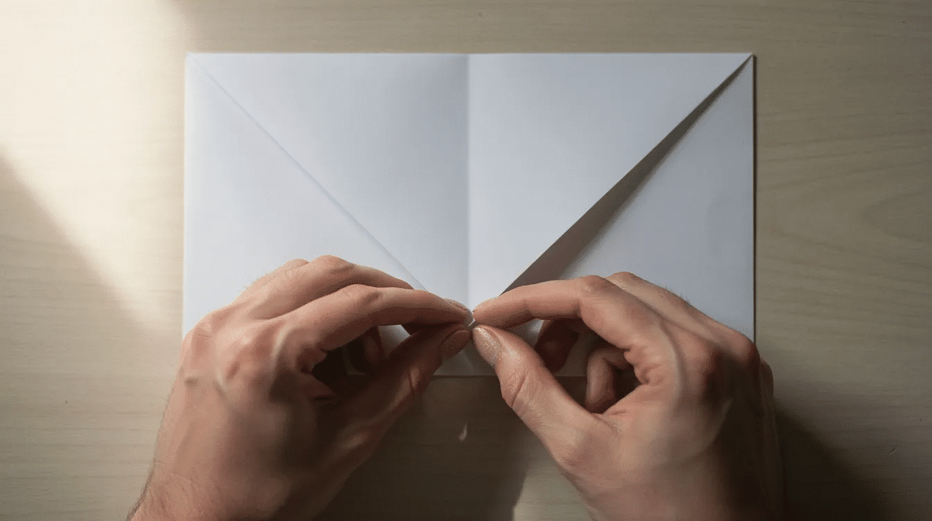 A close up image shows hands skillfully folding a corner of a piece of white printer paper diagonally to create a square an essential step in making a classic origami box The focus highlights the precise crease forming as the corners meet emphasizing the careful process of origami