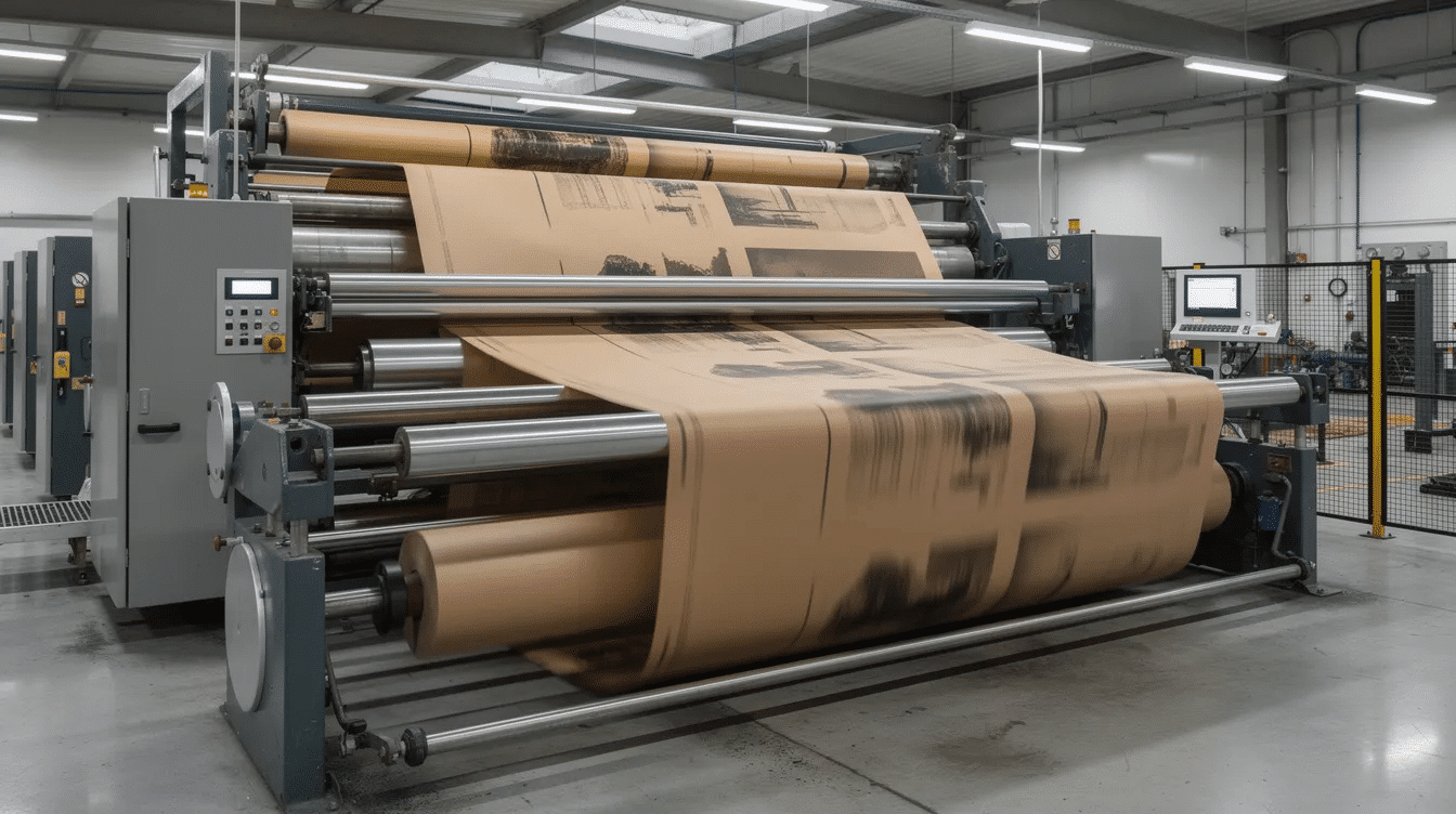 An industrial printing press is shown in action with rolls of brown kraft paper being printed with bold black and white ink highlighting the natural brown tone of the kraft material The scene captures the texture and quality of the kraft paper often used for custom printed items like bags and packaging