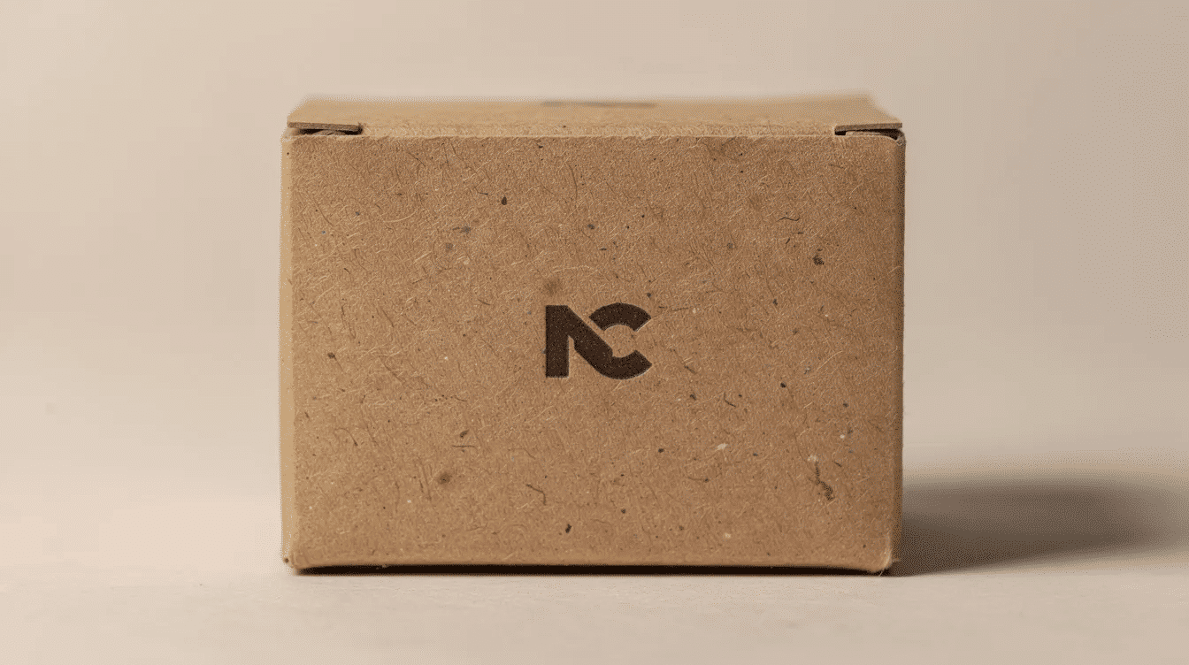 A close up view of a natural brown kraft paper box featuring a simple logo printed in dark ink showcasing the rich texture and handcrafted feel of the kraft material The box's warm natural brown tone highlights its eco-friendly design, making it an elegant choice for custom packaging projects.