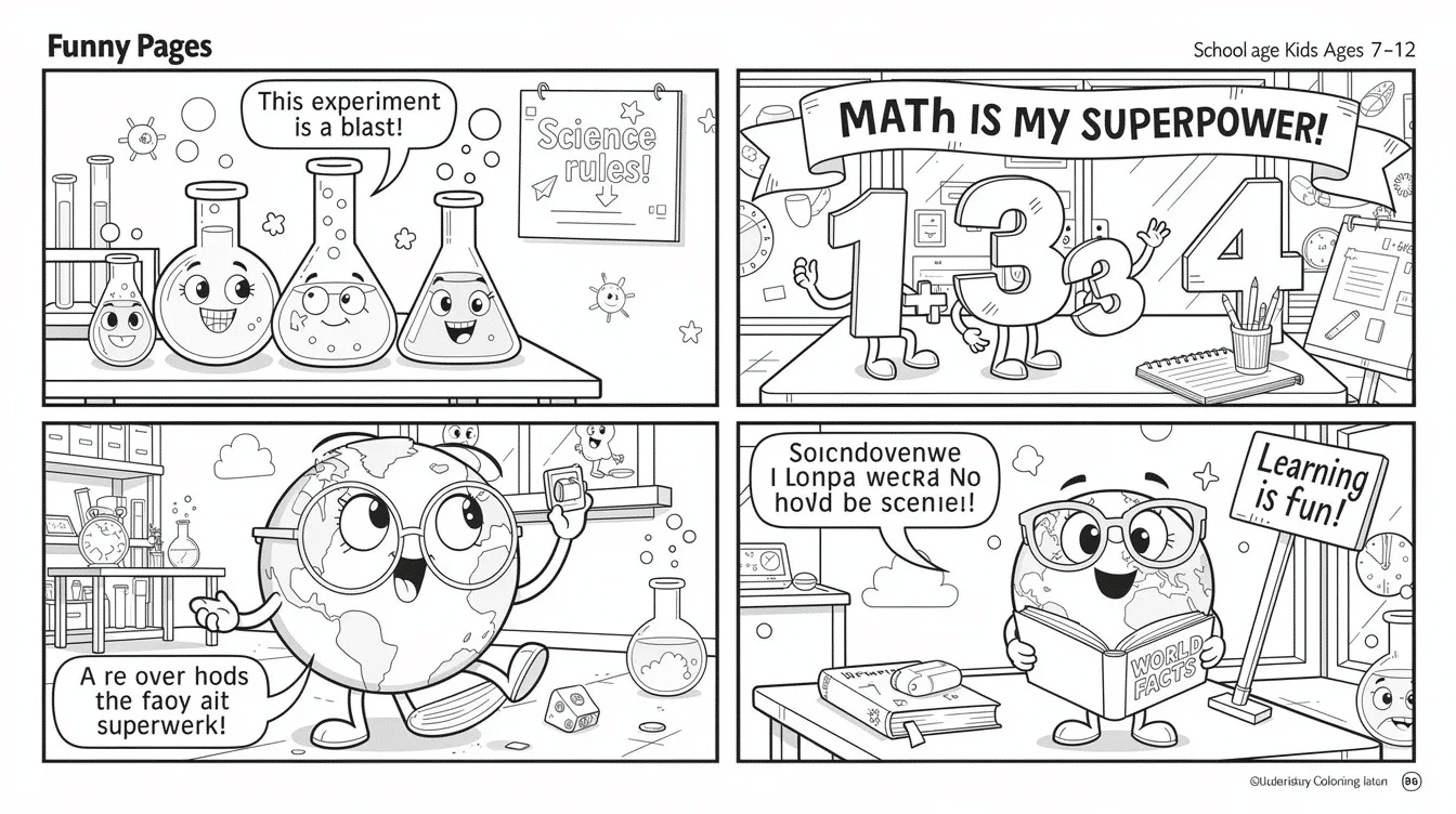 This coloring page features a whimsical scene filled with cartoon characters including a talking beaker sharing a science pun and animated numbers telling math jokes designed to engage kids aged   The page combines humor with exploration showcasing hidden funny elements and clever text that encourage creativity and laughter making it a perfect addition to any coloring book for children