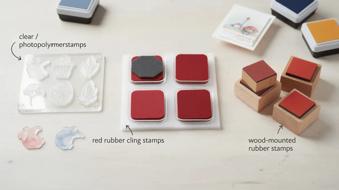 C2e4ad03 0b00 4b68 8fa3 192d31e52dc2 The image showcases various types of stamps used in card making including clear stamps red rubber stamps and wood mounted stamps Each type is displayed alongside clear acrylic blocks and ink pads illustrating the differences in their design and application techniques for beginner stampers
