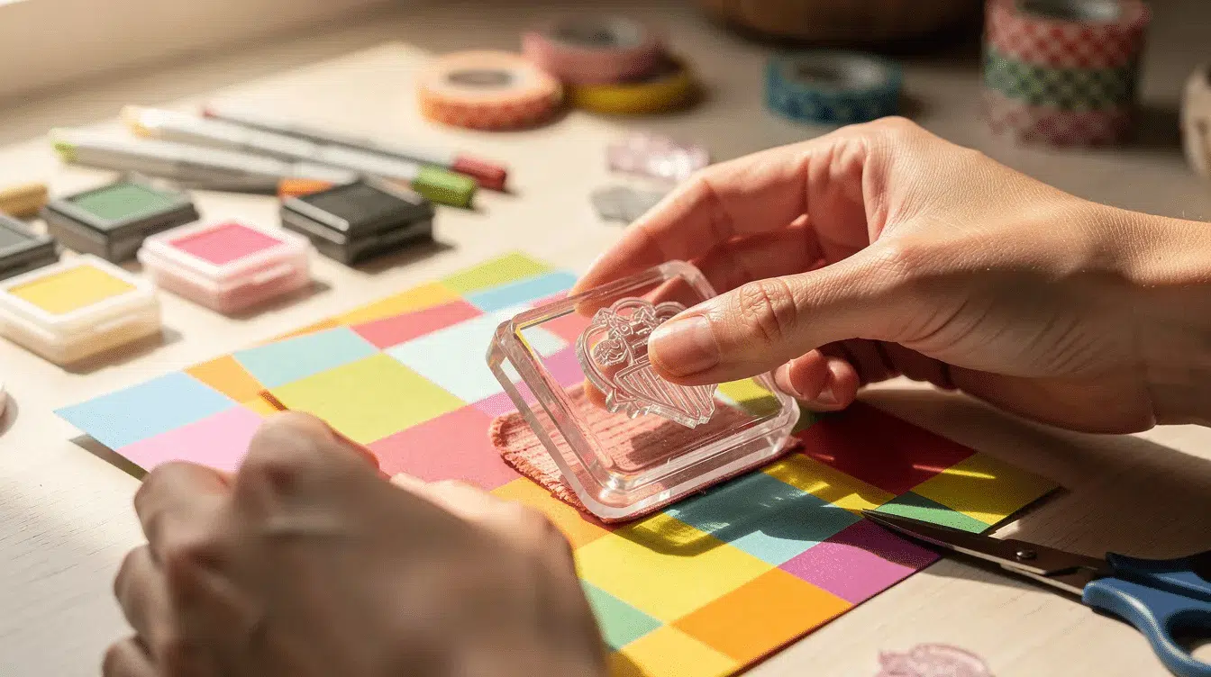 C4da5e2b 6255 499c a76e 5ec7067ced86 A pair of hands is pressing a clear stamp onto bright cardstock on a craft table surrounded by various stamping supplies like ink pads and acrylic blocks This scene captures the fun of card making showcasing the process of creating beautiful cards with photopolymer and rubber stamps