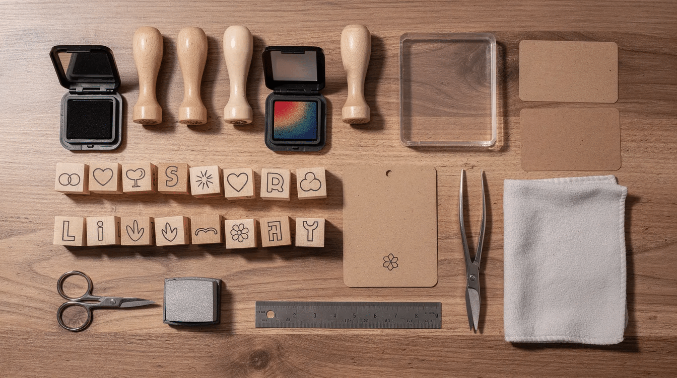 D31daec9 37b9 407a aa1b 2dbde0942ea7 A wooden craft table is organized with essential stamping supplies including various ink pads photopolymer stamps and clear acrylic blocks perfect for card making This setup invites beginner stampers to explore their creativity and make beautiful cards using red rubber stamps and basic white cardstock