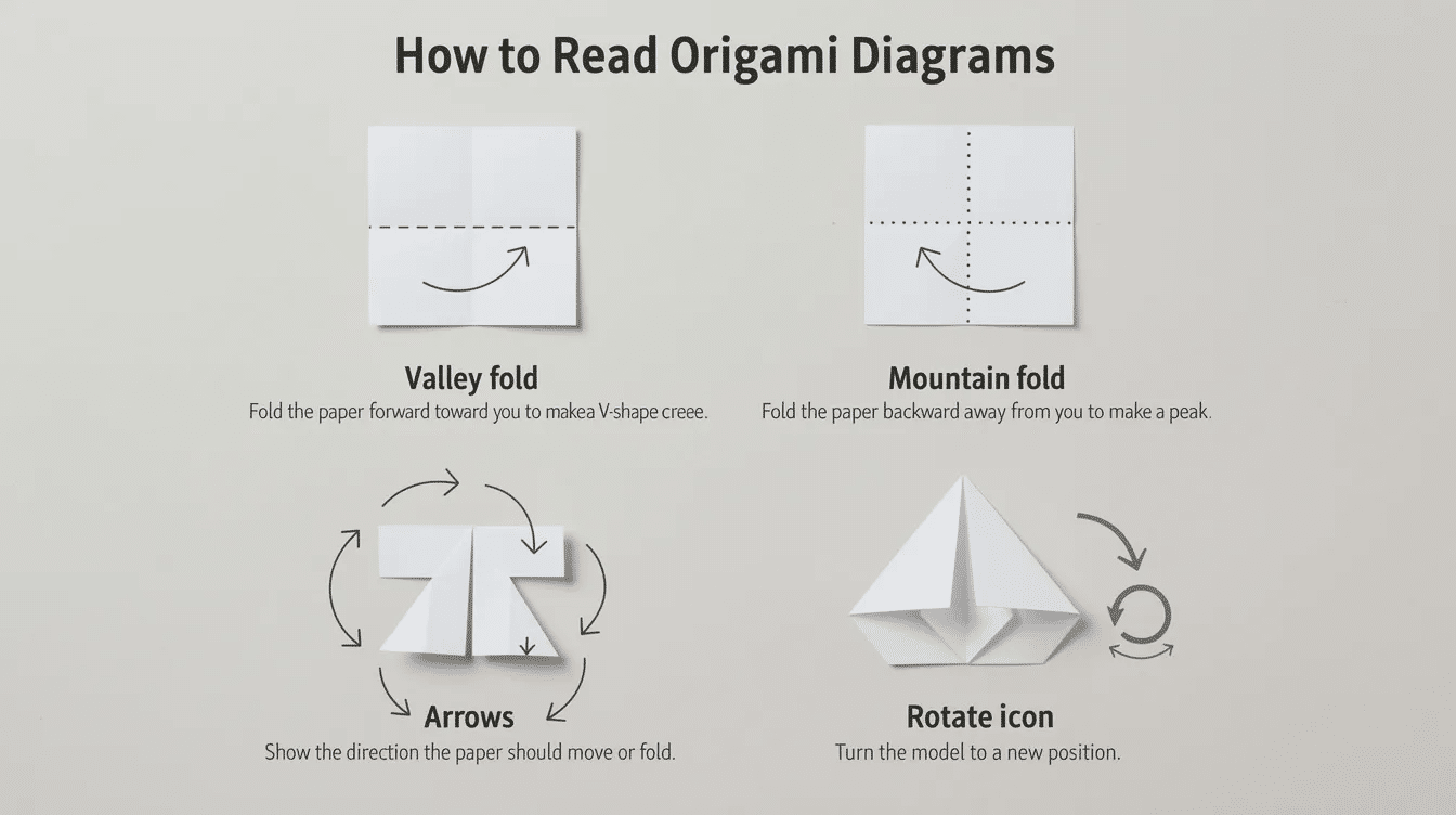 The image illustrates essential symbols for reading origami diagrams including a valley fold dashed line and a mountain fold dotted line along with arrows indicating movement and a rotate icon for changing the model's position. Understanding these symbols is crucial for beginners to successfully engage in easy origami projects and tutorials.
