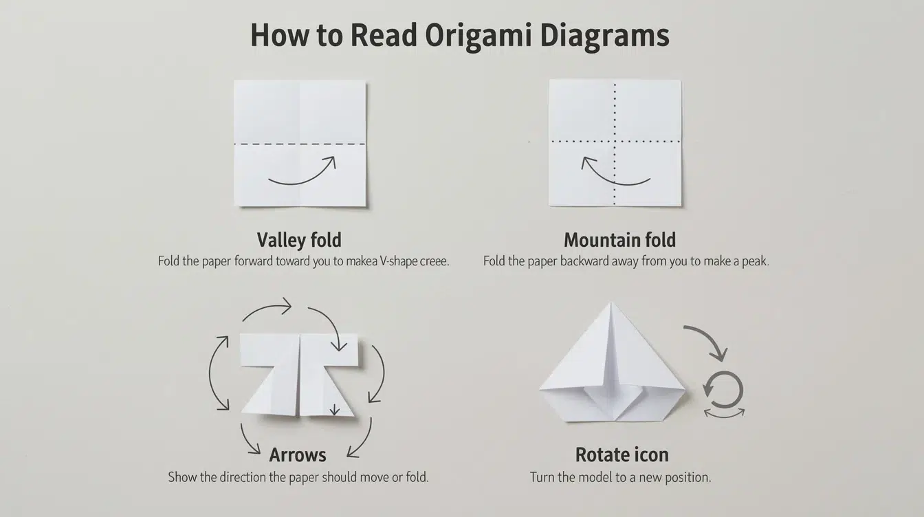 Fdb4816c 00ee 4e76 a154 692c7037a761 The image illustrates essential symbols for reading origami diagrams including a valley fold dashed line and a mountain fold dotted line along with arrows indicating movement and a rotate icon for changing the model's position. Understanding these symbols is crucial for beginners to successfully engage in easy origami projects and tutorials.