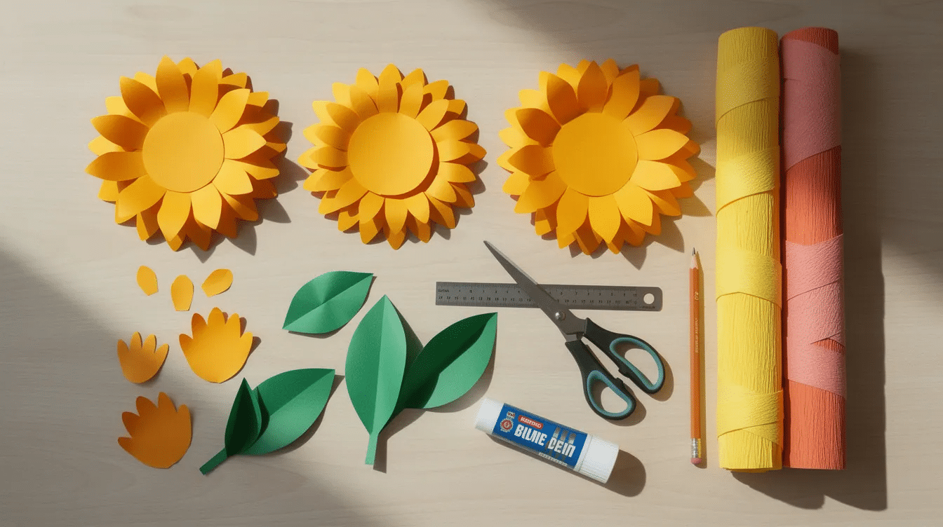 012280ac 15ca 476c a748 b2f617886f82 A colorful array of craft supplies for a paper sunflower project is displayed on a table including bright yellow and brown paper pieces scissors glue and templates perfect for kids and adults looking to create cheerful paper flowers This setup inspires creativity and fun for summer craft projects