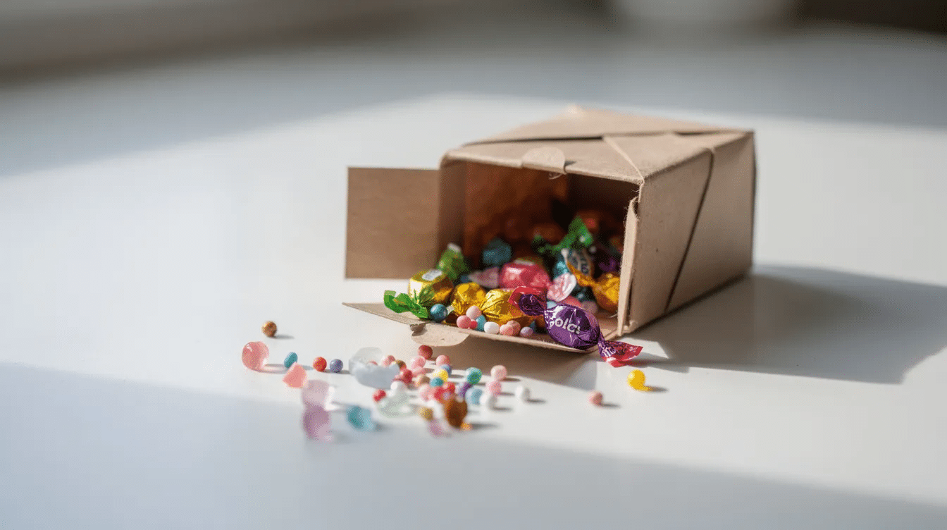 02b22f11 3364 489f 95cc d4a3ce75e3e3 The image features a small handmade origami box with a lid filled with colorful candies and tiny craft beads showcasing a delightful and creative way to present small gifts The box is crafted from square paper highlighting the intricate folds and corners typical of classic origami projects